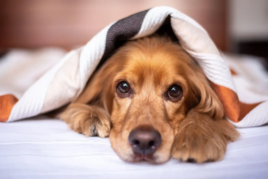In the picture, a close-up of the muzzle of a dog lying on the bed.